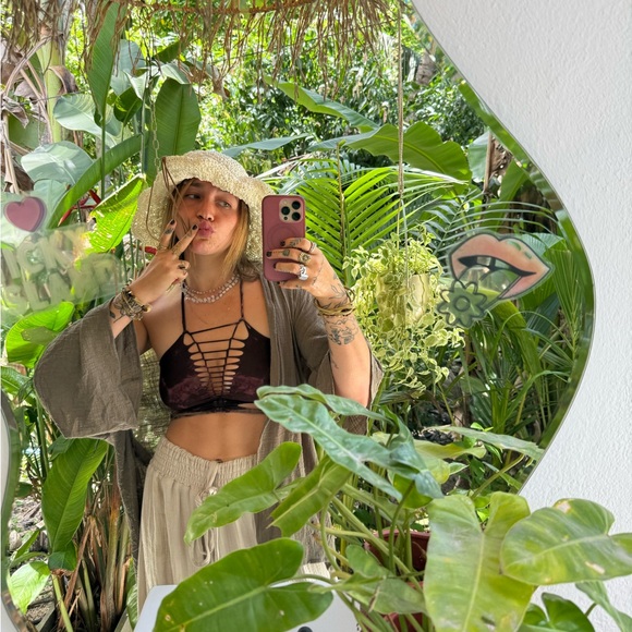 Slit Weave Strappy Brown Purple Green Halter Open Back Deep V Plush Cotton Top - Picture 8 of 8